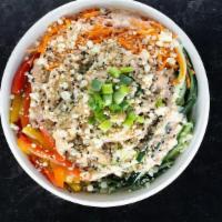 Chicken + Rice · roasted chicken, cucumber, sweet pepper, carrot, tossed w/ (spicy) creamy togarashi + house ...