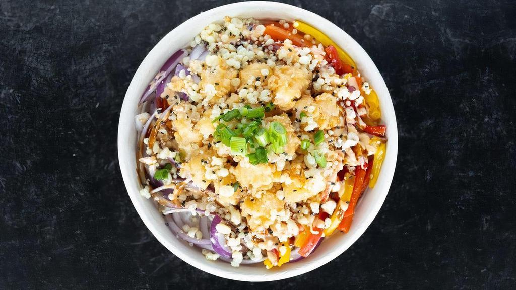 Spicy Shrimp Bowl · crispy tempura shrimp, sweet peppers, red onions, served over white rice + mixed with spicy mayo, sweet soy, + topped with sesame seeds, crunch, + scallions -- gluten free