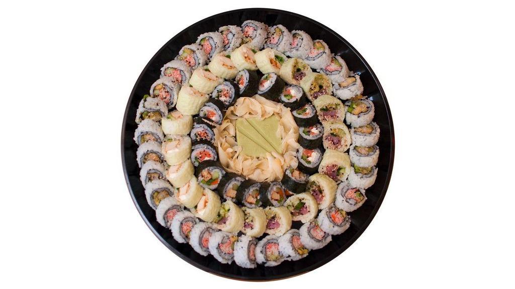 Large Tray · 9 rolls, 90 pieces. mix and match the rolls to your liking.. **each tray comes with spicy mayo, sweet soy + tempura crunch on the side, all the utensils you need, + wasabi and ginger garnish**