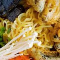 Mushroom Tempura Ramen · Vegan. Mushroom tempura, enoki mushrooms, green onions, carrots, nori, mushroom broth (can b...