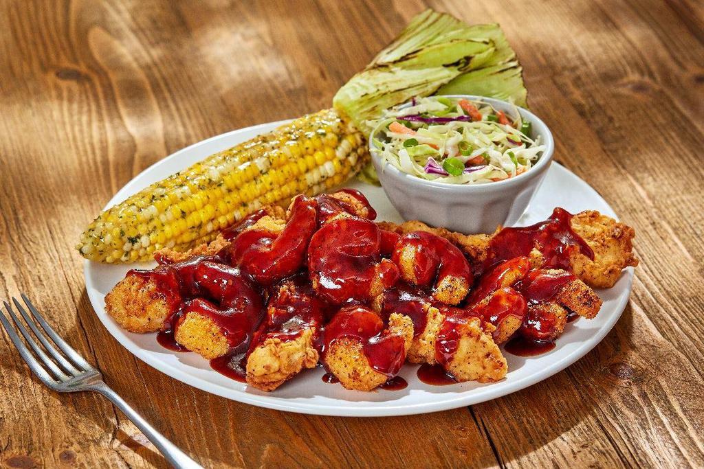 Whiskey Bbq Tenders & Shrimp · O’Charley’s Famous Chicken Tenders smothered in. whiskey BBQ sauce and popcorn shrimp. Served with. choice of two sides.