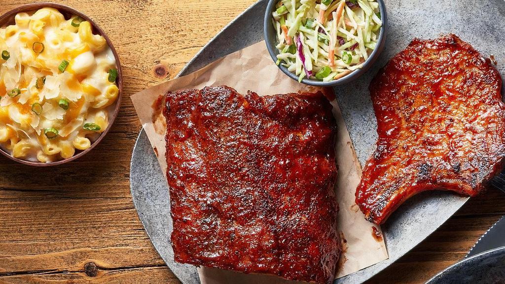 New! Bbq Pork Chop And Ribs · A 5-oz. grilled pork chop covered in our signature BBQ sauce and 1/3 rack of Baby Back Ribs with our signature BBQ sauce, Carolina Gold BBQ sauce or Nashville Hot sauce. Served with two sides.