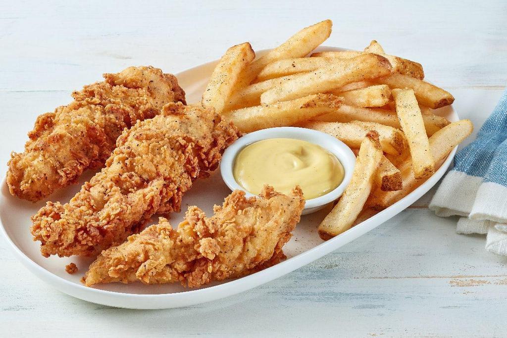 Kids Large Chicken Tenders · Three chicken tenders served with choice of honey mustard or ranch for dipping and a kids side item.