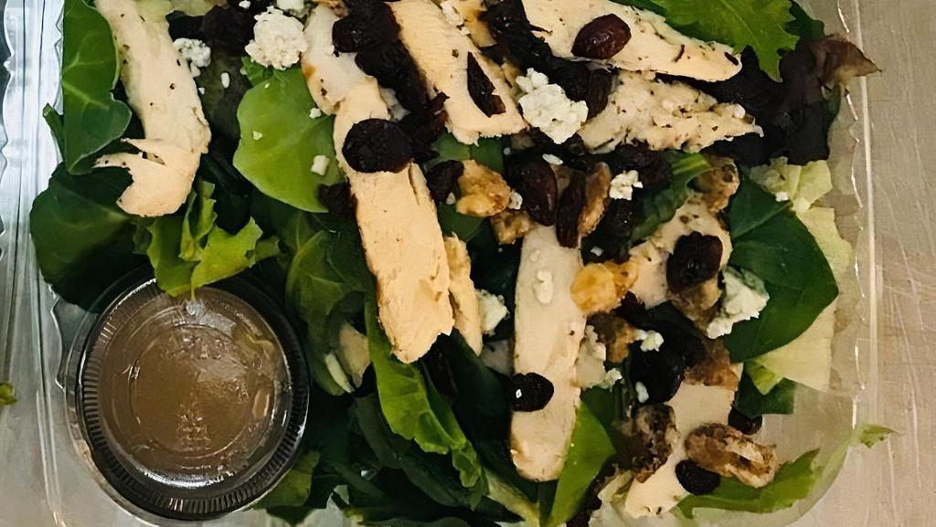 Cranberry Walnut Chicken Salad · Italian dressing, spinach, iceberg, romaine, grilled chicken, candied walnuts, cranberries, and blue cheese crumbles