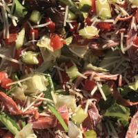 1/2 Chopped Salad · Balsamic dressing, iceberg, romaine, tomatoes, cucumbers, onions, green peppers, salami, cap...