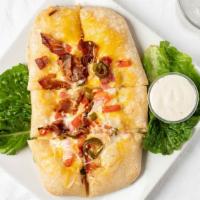 Hoe Bread · Mozzarella cheese stuffed bread topped with bacon, 
a blend of 3 cheeses, jalapeños, pico de...