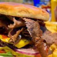 Gyro Burger · Comes with both Gyros and a Beef Patty, American Cheese, Ketchup, Mustard, Mayonnaise, Lettu...