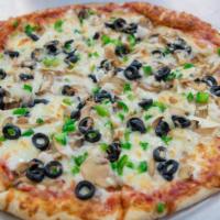 Tp  Veggie · Mozzarella cheese, mushrooms, black olives, green peppers, and onions.