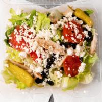 Greek Salad (Party Size) · Lettuce, tomatoes, onions, green peppers, black olives, feta, pepperoncini and beets.
