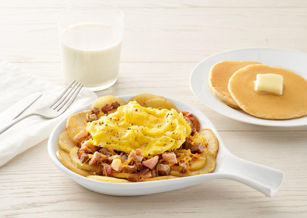 Three Meat Skillet* · Eggs, bacon, sausage, ham and cheddar cheese all on top of homestyle potatoes. Choice of toast or pancakes (1760-2050 cal)