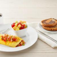 Denver Omelet* · Three eggs, ham, bell peppers, red onions and cheddar cheese. Choice of side and choice of t...