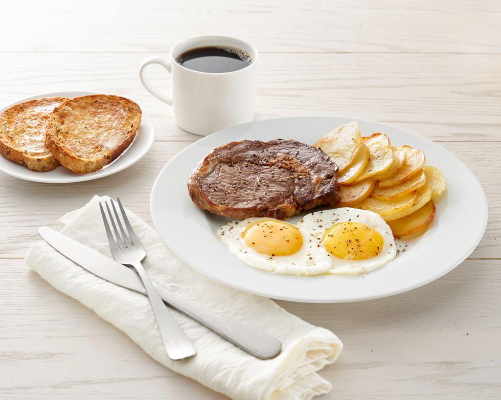 Ribeye Steak And Eggs · 5 oz. Hy-Vee Choice Reserve ribeye, eggs* choice of side, and choice of toast or pancakes (920-1520 cal)