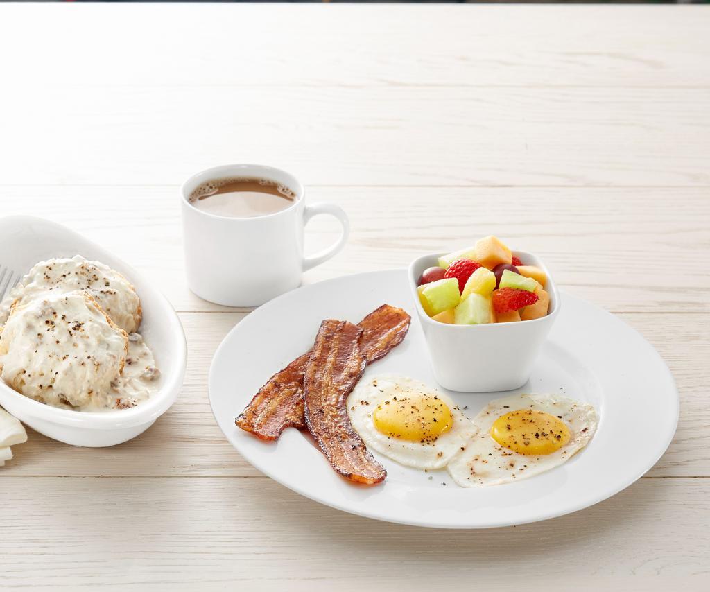 Country Sampler · Half order of biscuits and gravy, eggs*, choice of Hickory House bacon or sausage, and choice of side (760-1530 cal)