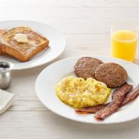 Double Play · Choose pancakes or brioche French toast, eggs* and choice of bacon or sausage (1170-1950 cal)