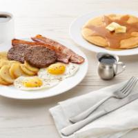 Hy-Five · One pancake, eggs*, two slices of bacon, two pieces of sausage, choice of breakfast side (10...