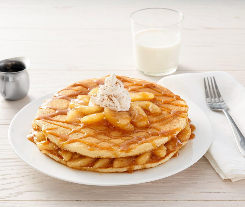 Apple Pie Pancakes · Pancakes, topped with apple pie filling, caramel, cinnamon and whipped cream (1600 cal.)