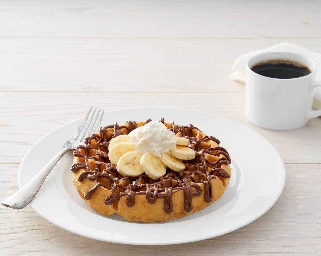 Nutella Banana Waffle · Sweet cream waffle topped with Nutella, sliced banana, and whipped cream (1350 cal)