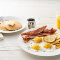 Super Start · Eggs*, choice of three pieces of meat, choice of side and choice of toast or pancakes (640-1...