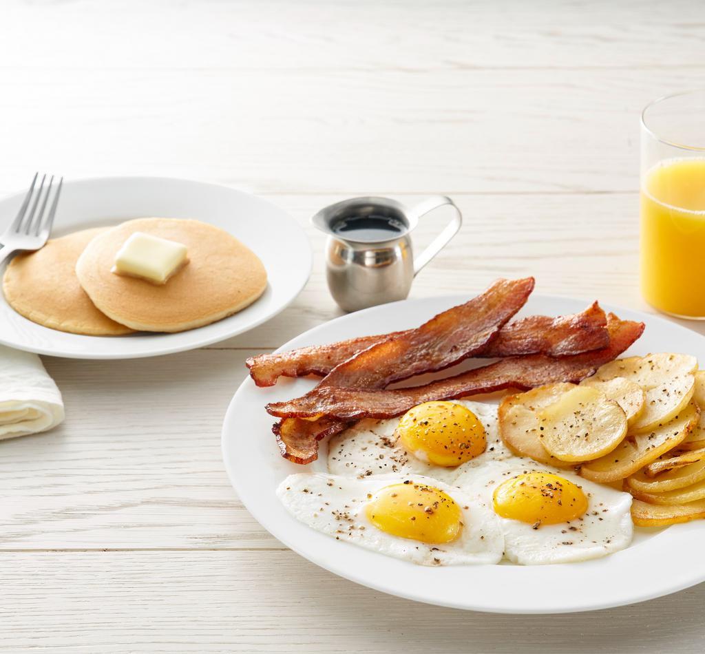 Super Start · Eggs*, choice of three pieces of meat, choice of side and choice of toast or pancakes (640-1940 cal)