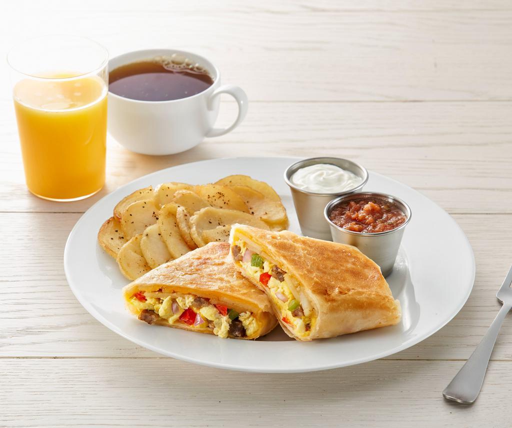 Breakfast Burrito · Scrambled eggs*, sausage, bell peppers, red onions, shredded cheddar cheese, homestyle potatoes, wrapped in a flour tortilla. Served with a side of salsa and sour cream. Served with choice of side (1280-1590 cal)