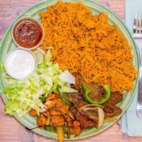 Combo Grilled Chicken ＆ Beef With Somali Rice · Chopped cubed chicken ＆ beef both grilled with onions, green peppers served with rice.