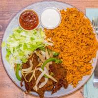 Philly Beef With Somali Rice · Chopped beef grilled with onions, green peppers served with rice.