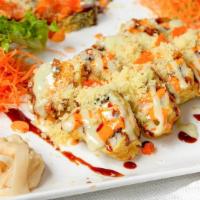 Lancaster · Tempura roll with salmon, crabmeat & cream topped with wasabi sauce, spicy mayo & eel sauce