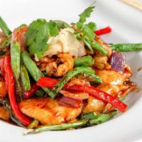 Wok Glazed Ginger · Caramelized red onions, red peppers, shiitake mushrooms, asparagus and string beans glazed w...