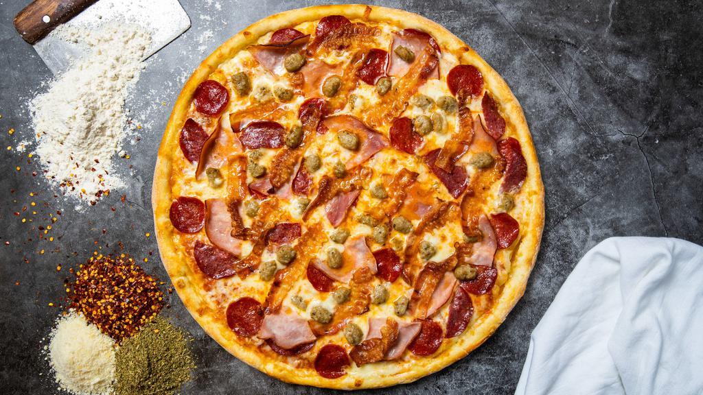 Meat Me Up Sausage And Pepperoni Pizza · Generous amounts of sausage, pepperoni, mozzarella, marinara,  and  baked on a hand-tossed dough.