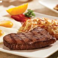 Steak & Eggs · two farm-fresh eggs, 7 oz bravo steak, served with hash browns or fresh fruit, and choice of...