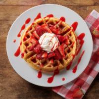 Strawberry Waffle · malted waffle with fresh strawberries, strawberry topping, and whipped cream, make it a bloc...