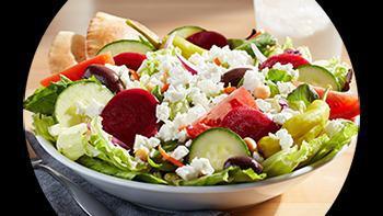 Greek Salad · romaine lettuce, red onions, cucumbers, beets, tomatoes, pepperoncini, kalamata olives, chic...