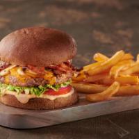 Frontier Burger With Fries · American cheese, bacon, mushroom, lettuce, tomato and red onion on a toasted dark rye bun, s...