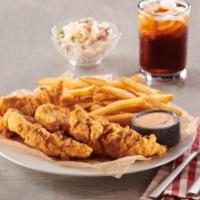 Hand-Breaded Chicken Tenders · four hand-breaded chicken tenders served with fries, coleslaw and zesty sauce.