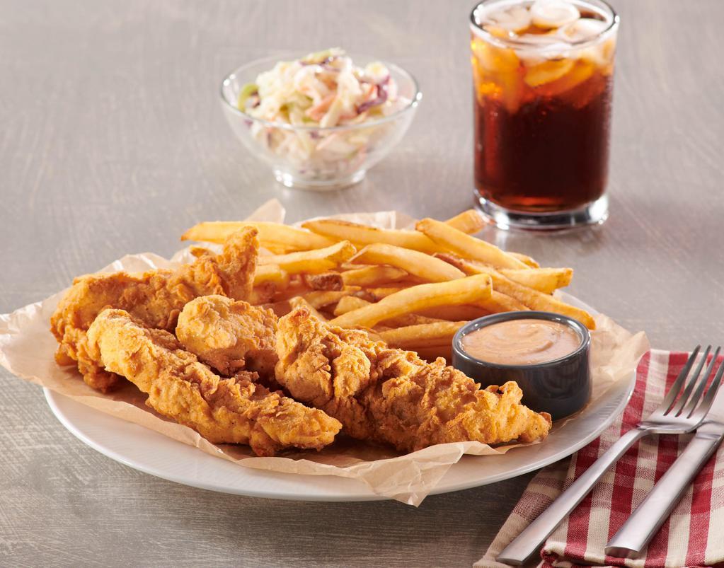 Hand-Breaded Chicken Tenders · four hand-breaded chicken tenders served with fries, coleslaw and zesty sauce.