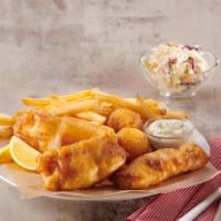 Fish & Chips · premium cod fillets hand-battered to order, served with fries, hush puppies, coleslaw and ta...