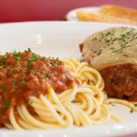 Chicken Parmesan · breaded and fried chicken breast topped with marinara and melted mozzarella cheese, served w...