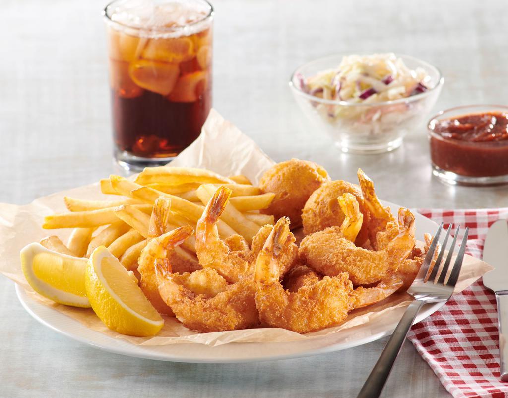 Fried Shrimp · ten shrimp breaded in special seasoning with fries, hush puppies, coleslaw and shrimp sauce.