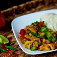 Pad-Kra-Pao · Jasmine rice, red & green bell pepper, mushroom & basil served with fried egg.