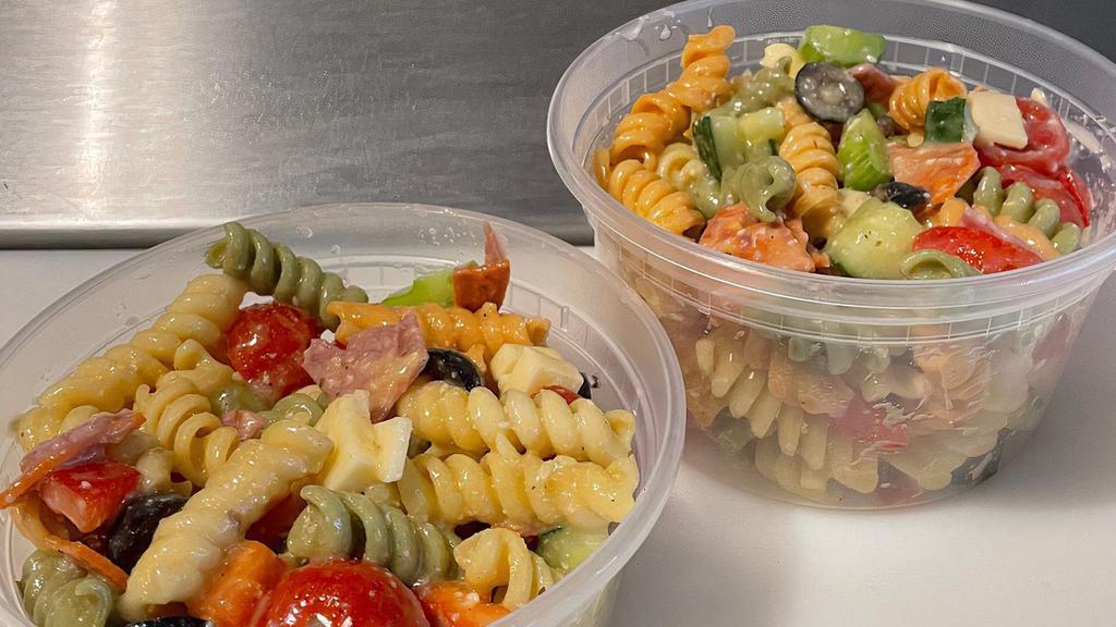 Door Dash - Salads - Antipasto Pasta Salad 8Oz · Made with Tri-Color Pasta Noodles, Salami, pepperoni, tomatoes, red peppers, black olives, provolone cheese, Parmesan cheese, celery, cucumbers and Italian dressing.