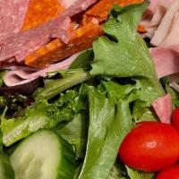 Door Dash - Salads - Antipasto Salad · Cucumber, Tomato, Black Olives, Onion, Hard Salami, Pepperoni, Ham, Turkey, Mild Peppers, on...