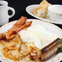 Hen House Special · Three farm fresh eggs and your choice of potato with two sausage links and two slices of bac...