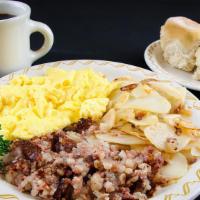 Corned Beef Hash · Three eggs, country fries, corned beef hash, served with biscuits or toast.

Consuming raw o...