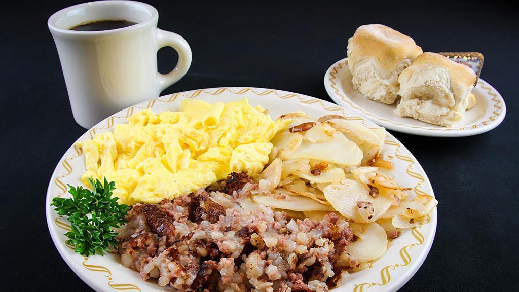 Corned Beef Hash · Three eggs, country fries, corned beef hash, served with biscuits or toast.

Consuming raw or under-cooked meats, poultry, seafood or eggs may pose an increased risk of food-borne illness.