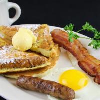 Down Yonder Breakfast · One sausage, one bacon, one egg, one pancake and one French toast.

Consuming raw or under-c...
