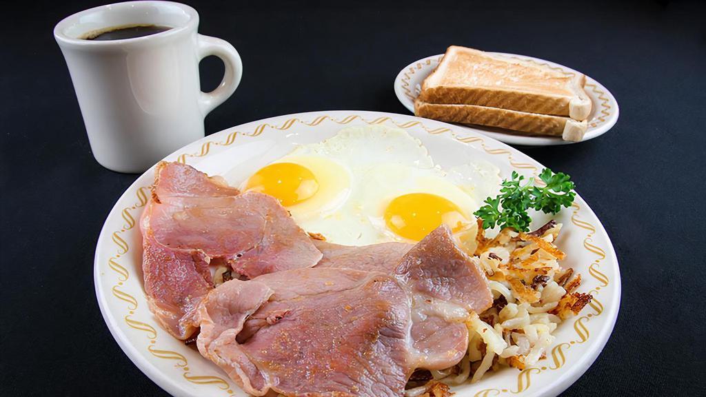 Country Ham · A little bit different tasty country ham served with two eggs, country fries and choice of biscuits or toast.

Consuming raw or under-cooked meats, poultry, seafood or eggs may pose an increased risk of food-borne illness.