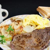 Rib-Eye Steak, Chop & Eggs · All down-home steak and egg specials include your choice of hash browns, country fries or po...