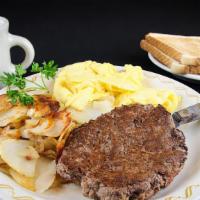 Chopped Steak, Chop & Eggs · All down-home steak and egg specials include your choice of hash browns, country fries or po...