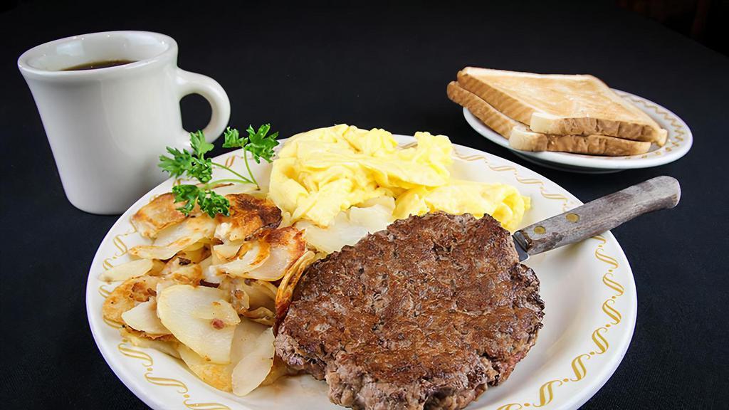 Chopped Steak, Chop & Eggs · All down-home steak and egg specials include your choice of hash browns, country fries or potato cake plus biscuits, toast or English muffin and two eggs.

Consuming raw or under-cooked meats, poultry, seafood or eggs may pose an increased risk of food-borne illness.