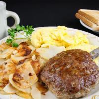 Sausage Steak, Chop & Eggs · All down-home steak and egg specials include your choice of hash browns, country fries or po...